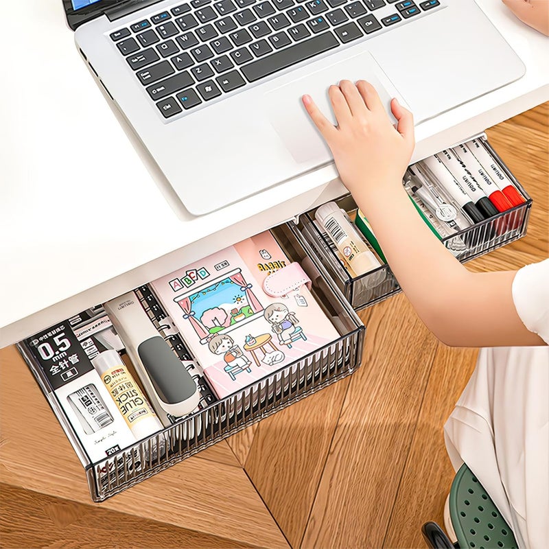 TooCust 2Pcs Under Desk Storage Drawers Slide Out,Large&Medium, Stick On Desk Drawer Organizer Hidden Under Table Drawer for Home Office School Organization and Storage-Transparent Black - Image 1